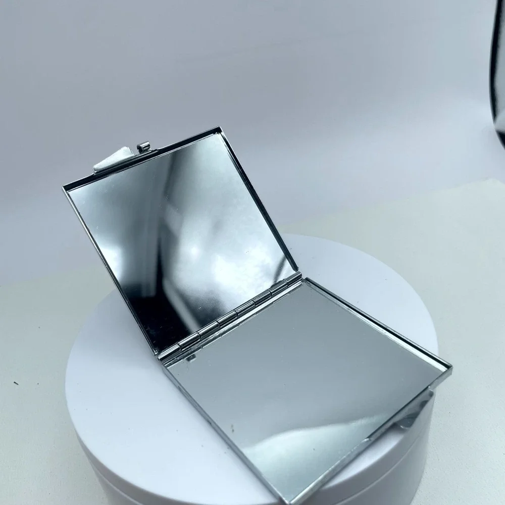 Classic Silver-Tone Rhinestones Embellished Square Compact Pocket Makeup Mirror